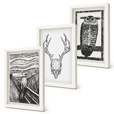 Ensemble de 3 tableaux Inspiré par l'image du Cri avec un crâne et un hibou dans un style graphique