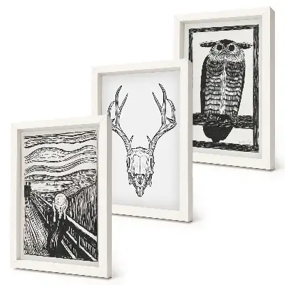 Ensemble de 3 tableaux inspirés par l'œuvre Le Cri avec un crâne et un hibou dans un style graphique