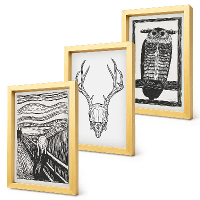 Ensemble de 3 tableaux Inspiré par l'image du Cri avec un crâne et un hibou dans un style graphique