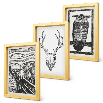Ensemble de 3 tableaux inspirés par l'œuvre Le Cri avec un crâne et un hibou dans un style graphique