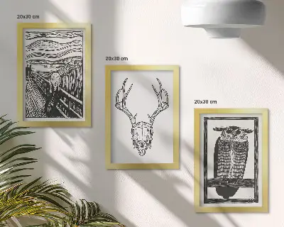 Ensemble de 3 tableaux inspirés par l'œuvre Le Cri avec un crâne et un hibou dans un style graphique