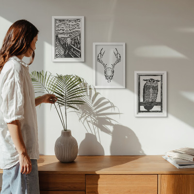 Ensemble de 3 tableaux Inspiré par l'image du Cri avec un crâne et un hibou dans un style graphique