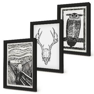 Ensemble de 3 tableaux Inspiré par l'image du Cri avec un crâne et un hibou dans un style graphique