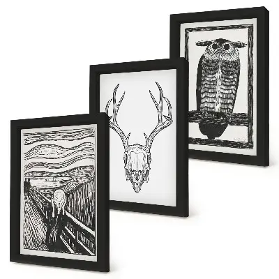 Ensemble de 3 tableaux inspirés par l'œuvre Le Cri avec un crâne et un hibou dans un style graphique