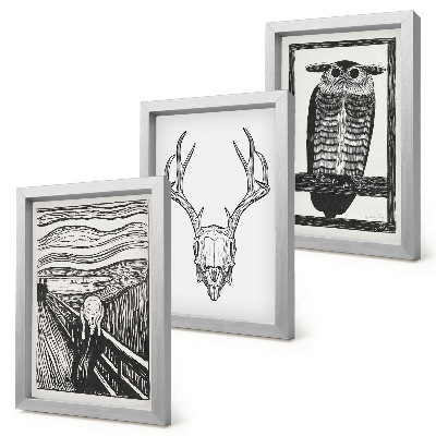 Ensemble de 3 tableaux Inspiré par l'image du Cri avec un crâne et un hibou dans un style graphique