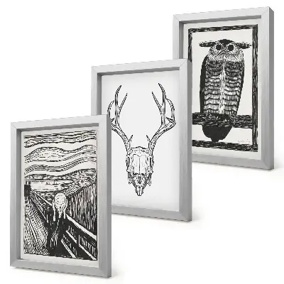 Ensemble de 3 tableaux inspirés par l'œuvre Le Cri avec un crâne et un hibou dans un style graphique
