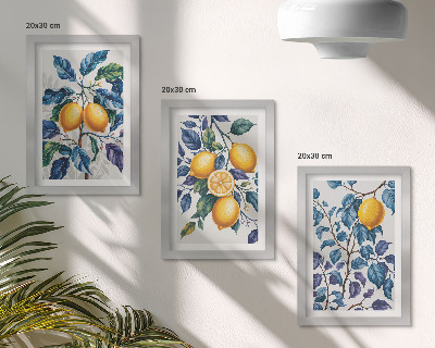 Lot de 3 tableaux Citronniers sur des branches aux feuilles bleues