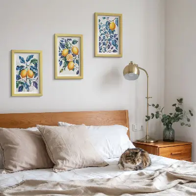 Lot de 3 tableaux représentant des citronniers sur des branches aux feuilles bleues