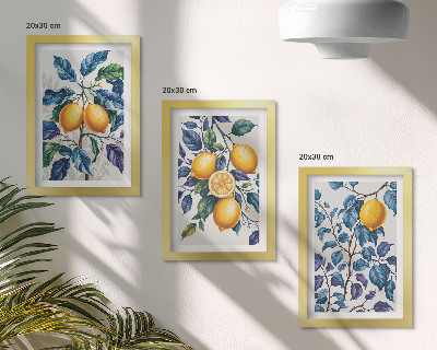 Lot de 3 tableaux Citronniers sur des branches aux feuilles bleues