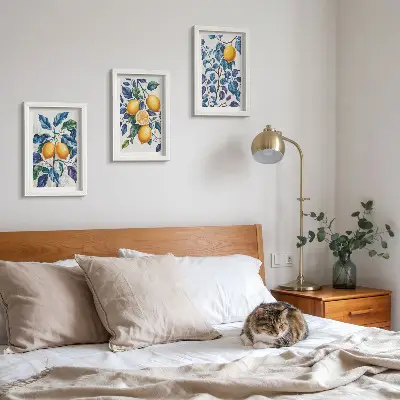 Lot de 3 tableaux représentant des citronniers sur des branches aux feuilles bleues