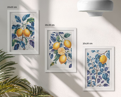 Lot de 3 tableaux Citronniers sur des branches aux feuilles bleues