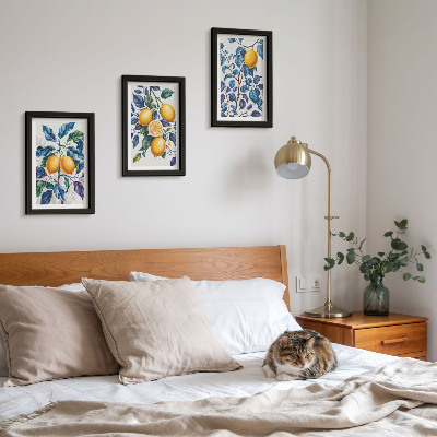 Lot de 3 tableaux Citronniers sur des branches aux feuilles bleues