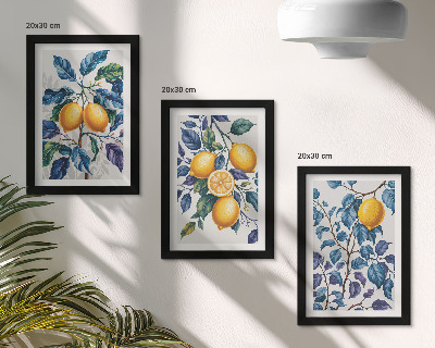 Lot de 3 tableaux Citronniers sur des branches aux feuilles bleues