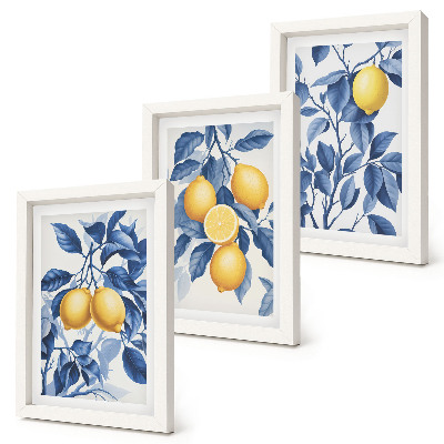 Ensemble de 3 tableaux Citronniers sur des branches aux feuilles bleues