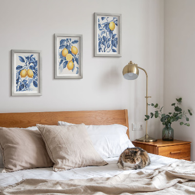 Ensemble de 3 tableaux Citronniers sur des branches aux feuilles bleues