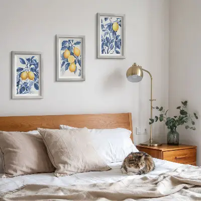 Ensemble de 3 tableaux représentant des citronniers aux feuilles bleues