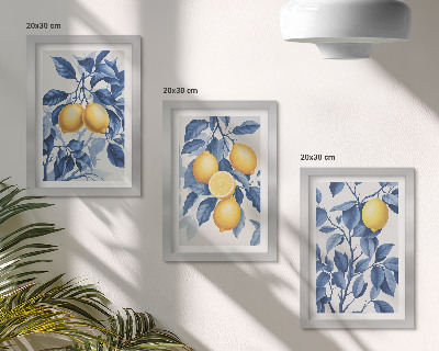 Ensemble de 3 tableaux Citronniers sur des branches aux feuilles bleues