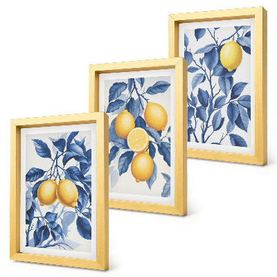 Ensemble de 3 tableaux Citronniers sur des branches aux feuilles bleues