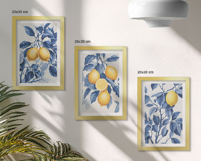 Ensemble de 3 tableaux Citronniers sur des branches aux feuilles bleues