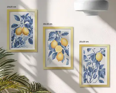Ensemble de 3 tableaux représentant des citronniers aux feuilles bleues