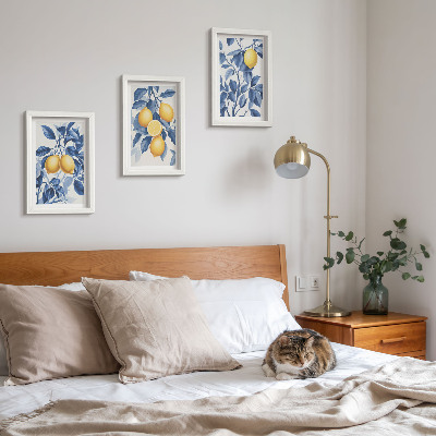 Ensemble de 3 tableaux Citronniers sur des branches aux feuilles bleues