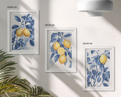Ensemble de 3 tableaux Citronniers sur des branches aux feuilles bleues