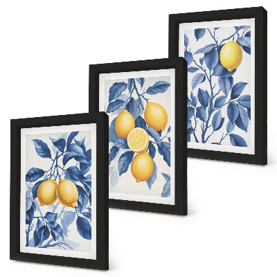 Ensemble de 3 tableaux Citronniers sur des branches aux feuilles bleues
