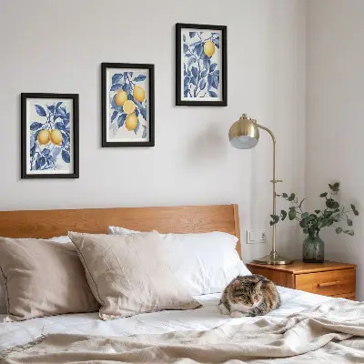 Ensemble de 3 tableaux représentant des citronniers aux feuilles bleues