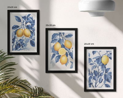 Ensemble de 3 tableaux Citronniers sur des branches aux feuilles bleues