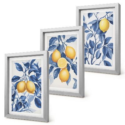 Ensemble de 3 tableaux Citronniers sur des branches aux feuilles bleues