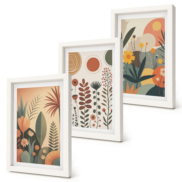 Ensemble de 3 tableaux Motifs végétaux bohèmes dans des tons chauds avec une ambiance naturelle