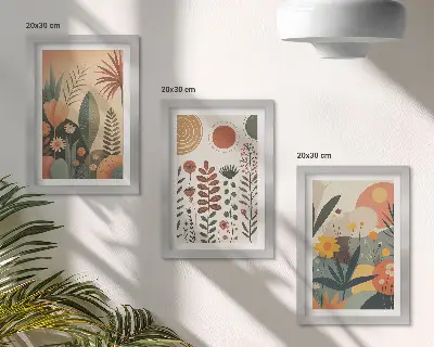 Ensemble de 3 tableaux avec des motifs végétaux bohèmes dans des tons chauds pour une ambiance naturelle