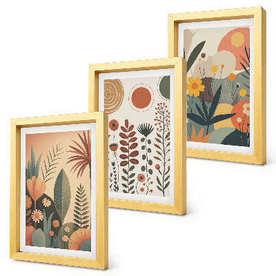 Ensemble de 3 tableaux Motifs végétaux bohèmes dans des tons chauds avec une ambiance naturelle