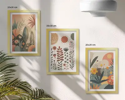Ensemble de 3 tableaux avec des motifs végétaux bohèmes dans des tons chauds pour une ambiance naturelle