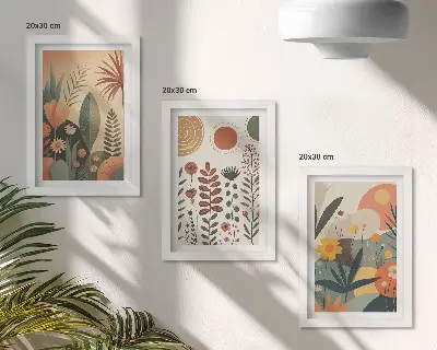 Ensemble de 3 tableaux avec des motifs végétaux bohèmes dans des tons chauds pour une ambiance naturelle