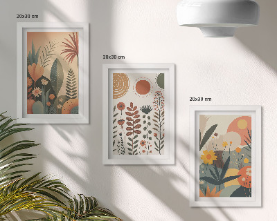 Ensemble de 3 tableaux Motifs végétaux bohèmes dans des tons chauds avec une ambiance naturelle