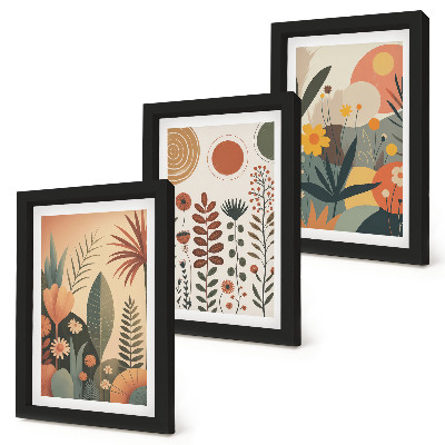 Ensemble de 3 tableaux Motifs végétaux bohèmes dans des tons chauds avec une ambiance naturelle