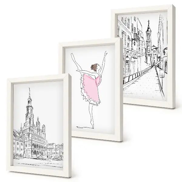 Lot de 3 tableaux représentant des ballerines élégantes et une architecture