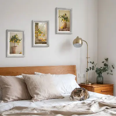 Mur de cadres avec des citronniers en pot sur le rebord de la fenêtre