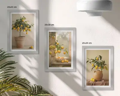 Mur de cadres avec des citronniers en pot sur le rebord de la fenêtre