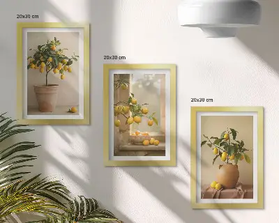 Mur de cadres avec des citronniers en pot sur le rebord de la fenêtre