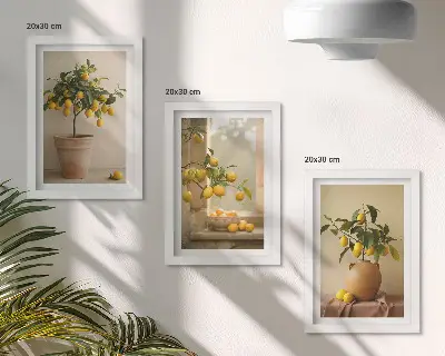 Mur de cadres avec des citronniers en pot sur le rebord de la fenêtre