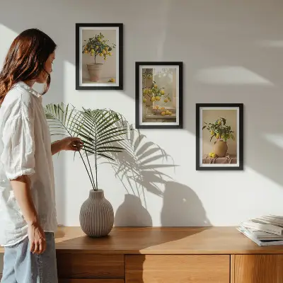 Mur de cadres avec des citronniers en pot sur le rebord de la fenêtre