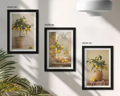 Mur de cadres avec des citronniers en pot sur le rebord de la fenêtre