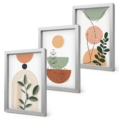 Ensemble de 3 tableaux Formes abstraites avec des motifs végétaux colorés