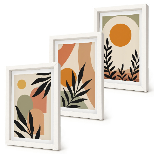 Lot de 3 tableaux Formes abstraites et motifs végétaux aux couleurs chaudes