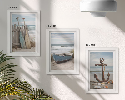 Ensemble de 3 tableaux Une plage avec une barque et une ancre dans le sable