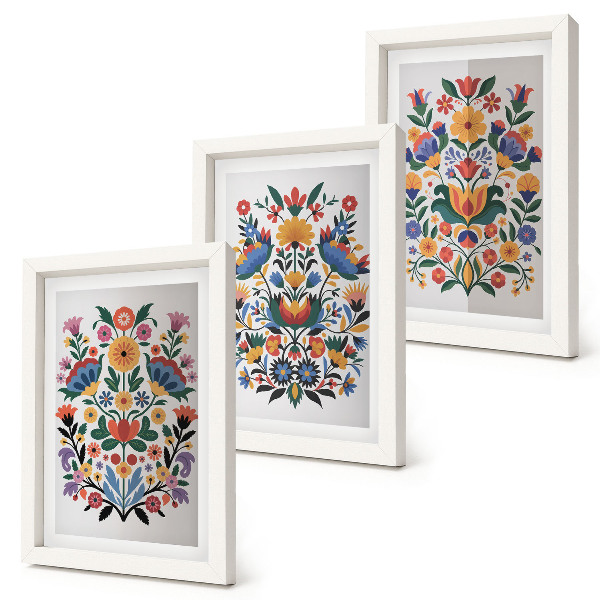 Lot de 3 tableaux Motifs floraux aux couleurs intenses sur fond blanc
