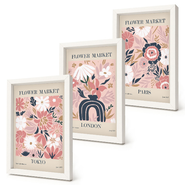 Ensemble de 3 tableaux Motifs floraux à Tokyo, Londres et Paris