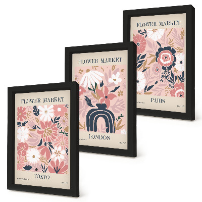 Ensemble de 3 tableaux Motifs floraux à Tokyo, Londres et Paris